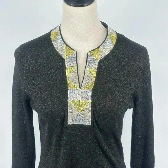 J. McLaughlin Womens Small Tunic Top Black Metallic Gold Silver V Neck Whimsical - Picture 2 of 13